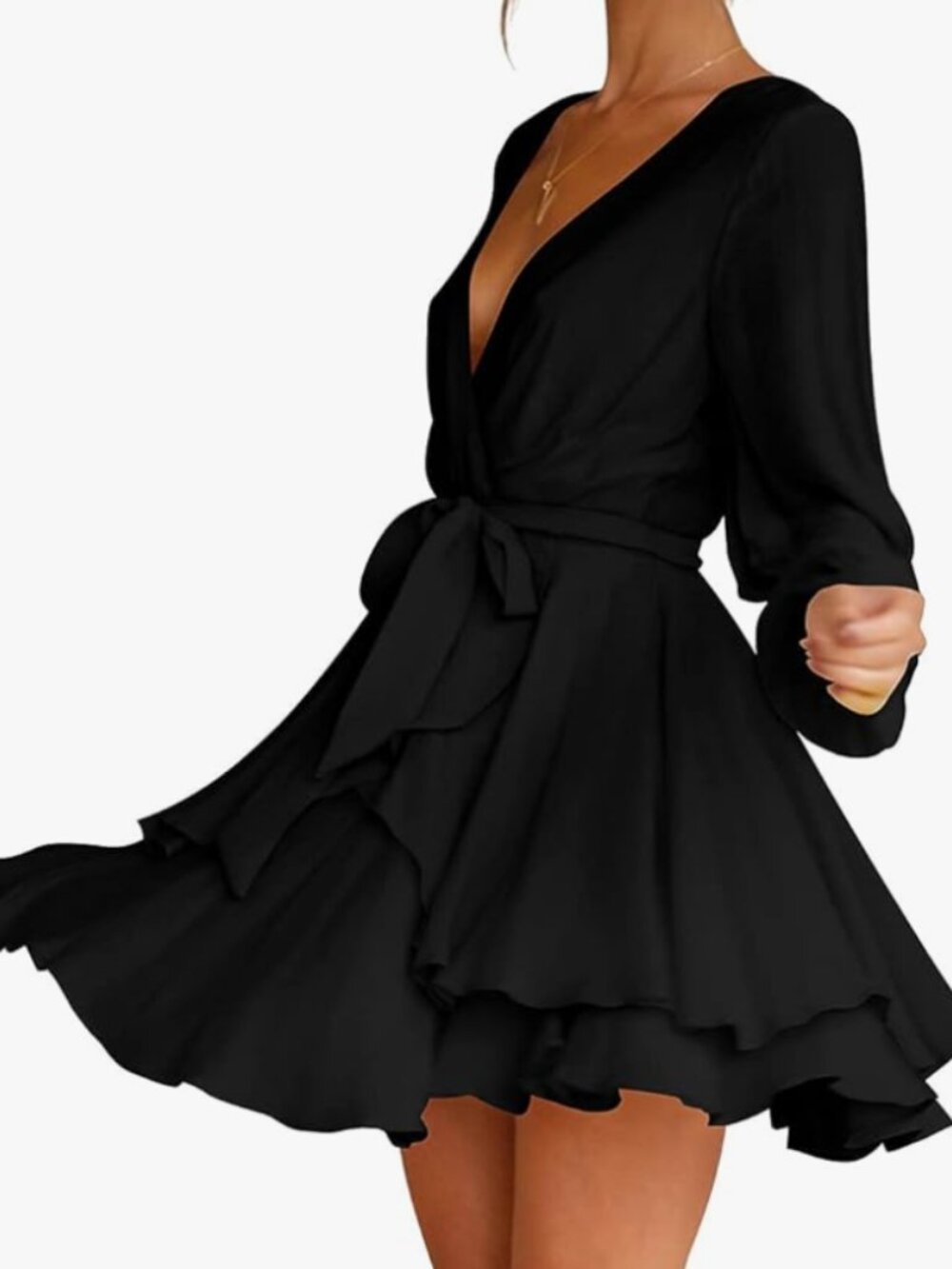 Black Wrap Dress Size Large Long Sleeve Tie Waist Flowy Ruffle Hem